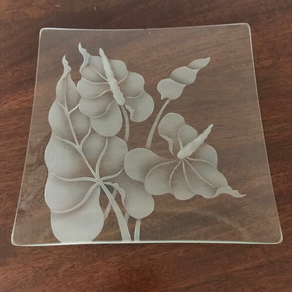 Frank Oda Style Etched Glass Anthurium Square Dish Vintage - Picture 1 of 5